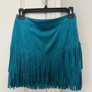 Darling suede-like green/blue tassel skirt ! Giddy up !